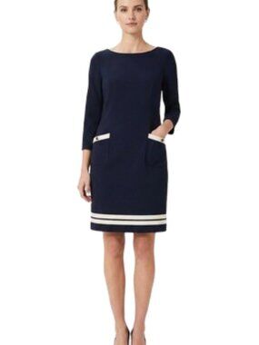 Talbots Dress Navy with White Trim Knit Sheath 3/4 Sleeve Professional, sz 14